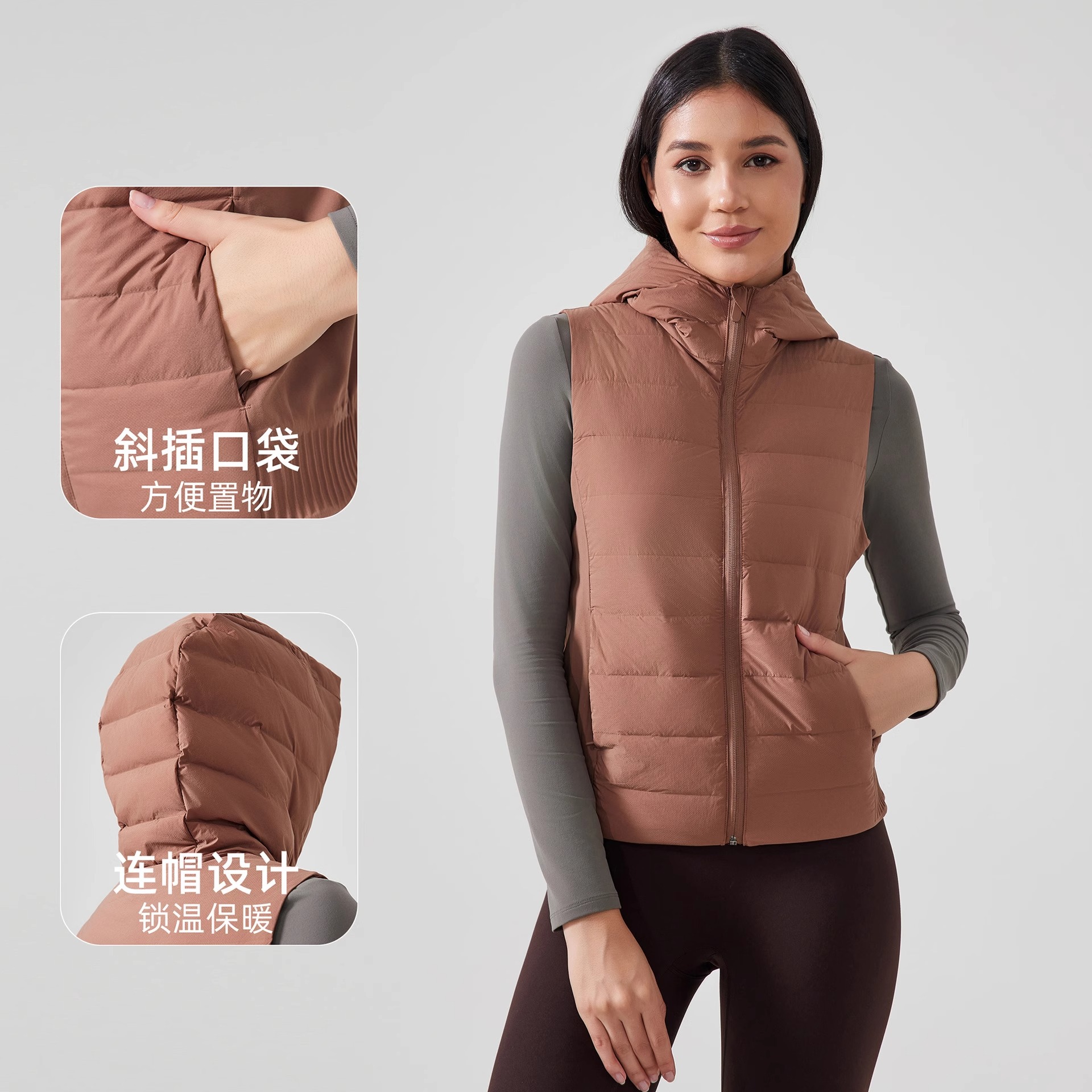 Exportación de comercio exterior Europa y América chaleco de pluma con capuchón caliente ligero de moda universal hombro deportivo de bicicleta chaqueta de fitness