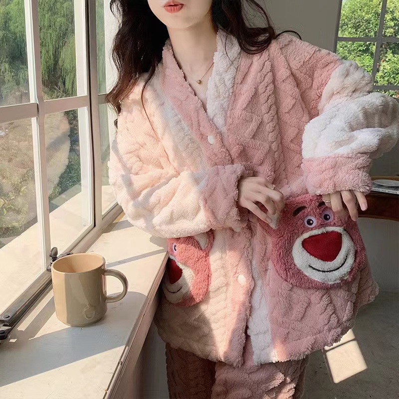 2023 Coral Fleece Pajamas for Women, Thickened Flannel Cartoon Autumn and Winter Set, Home Wear