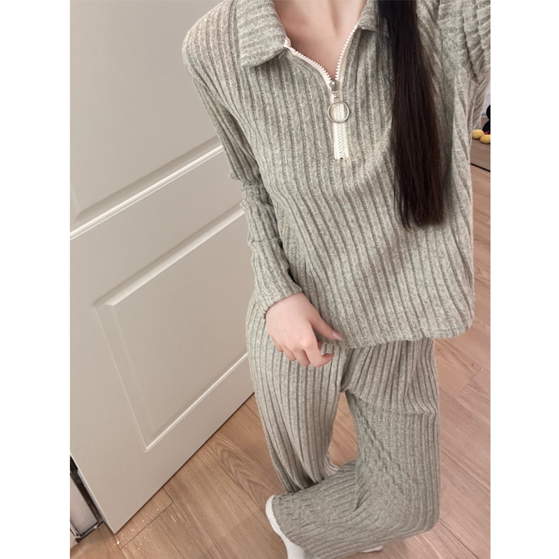Trendy Instagram-style high-end women's pajamas, new autumn and winter model, zippered long-sleeve and long-pants set with ribbed texture and brushed finish, home wear set Trendy Instagram-style high-end women's pajamas, new autumn and winter model, zippered long-sleeve and long-pants set with ribbed texture and brushed finish, home wear set