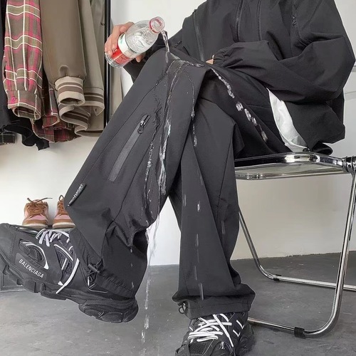 Men's Loose Straight-Tube Outdoor Waterproof Pants with Fleece Lining and Thick Warmth for Autumn and Winter, Sporty Workwear and Casual Long Pants