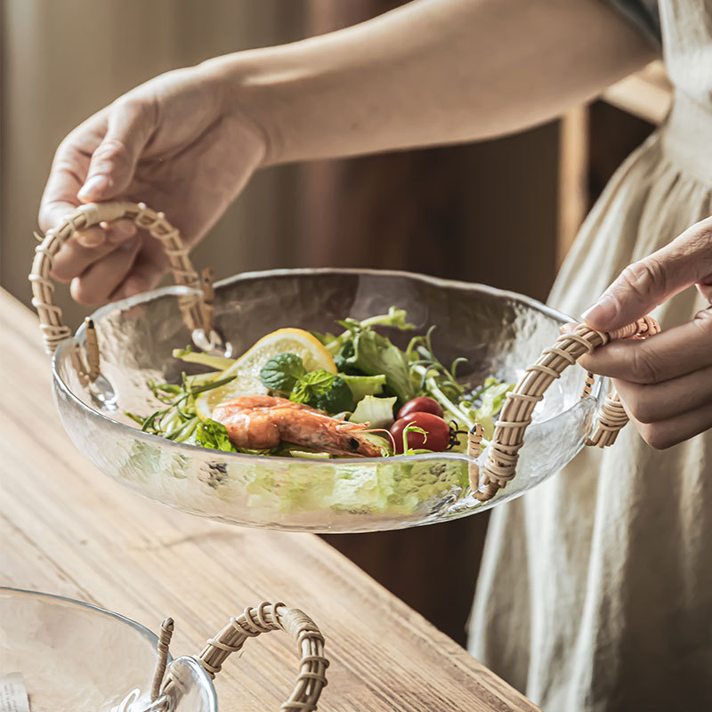 Plato de vidrio tejido de caña artesanal sala de estar casera bandeja de frutas estilo japonés retro plato de ensalada de bocadillos plato de frutas creativo