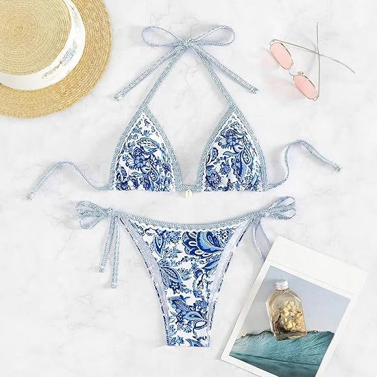 2025 Europe and the United States cross-border new swimsuit women's explosive blue and white porcelain 3D printing lace-up sexy bikini split swimsuit