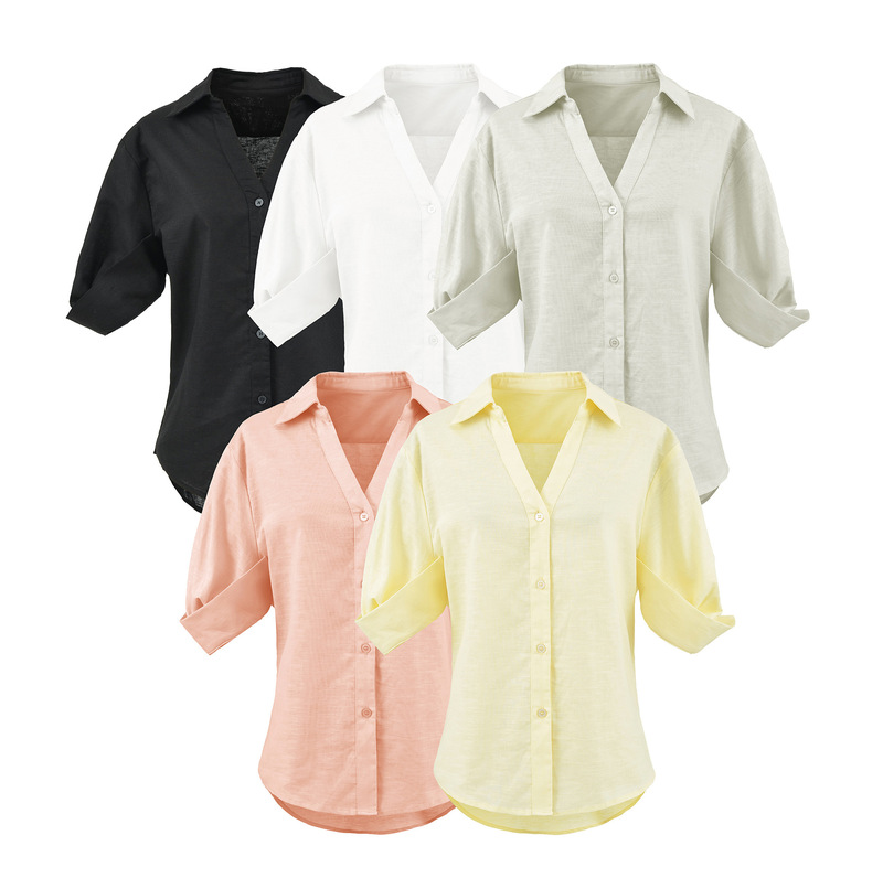 Linen Cotton V-Neck Half-Sleeve Shirt for Women 2026 Summer Loose Casual Turn-Down Collar Mid-Sleeve Elegant Workwear Half-Sleeve Shirt