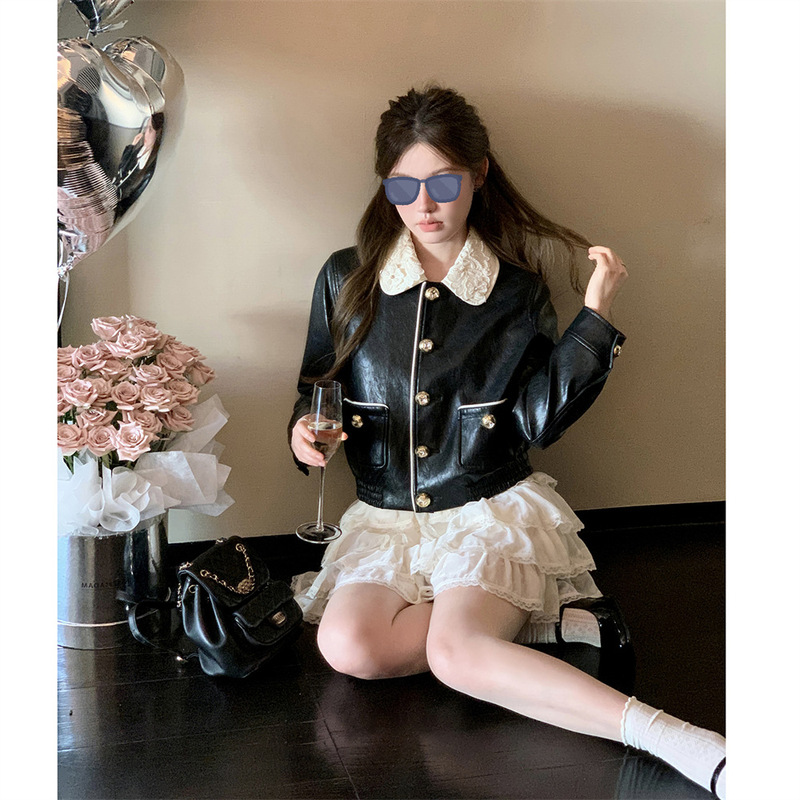 杨小卷 miu系千金风娃娃领环保皮衣女短款夹克小香外套小个子穿搭|undefined