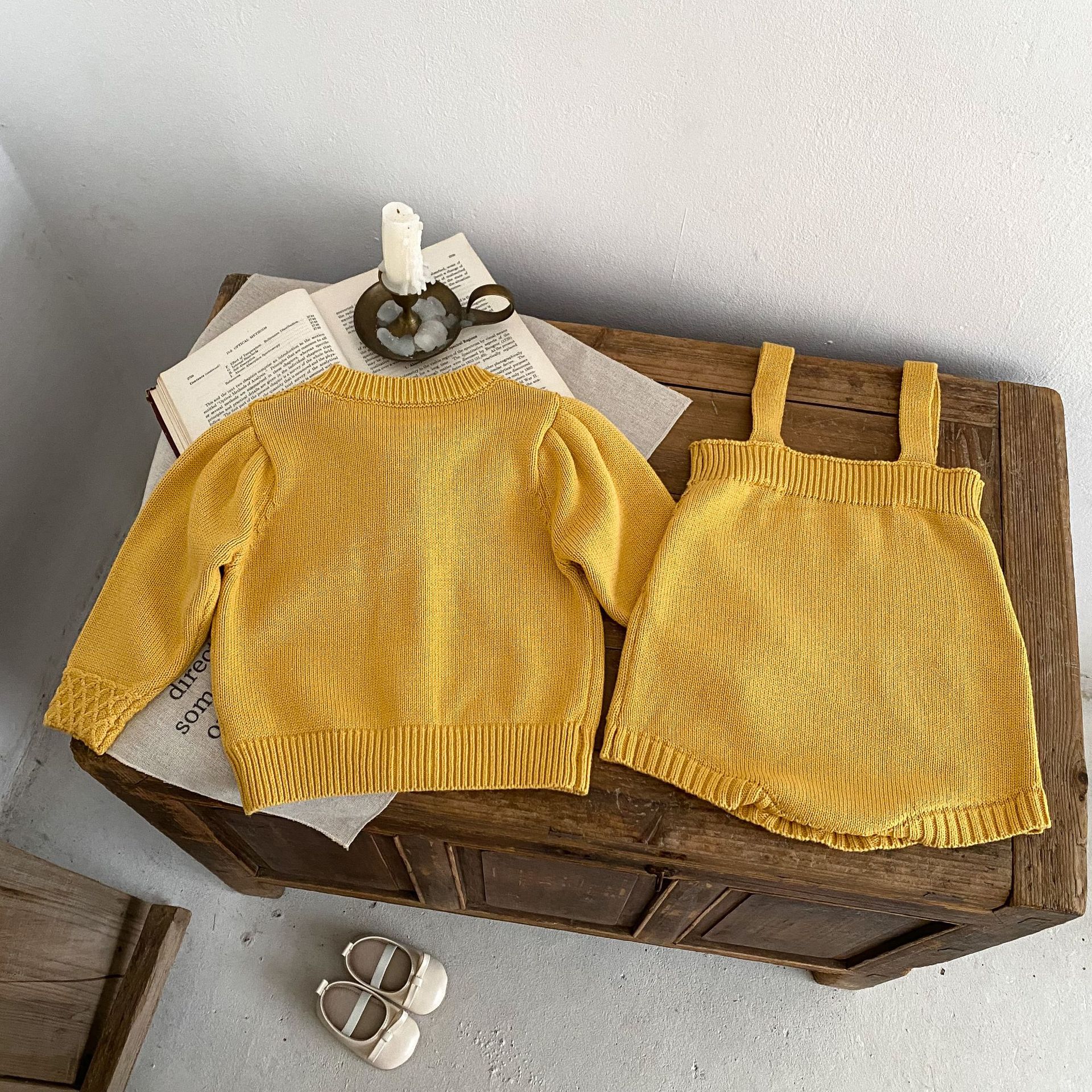 Proljetna 2024. žuta pletena jakna za dojenčad i djevojčice + jednobojni kaput na naramenice, set od 2 dijela dostupan za sortiranje_voghion.com