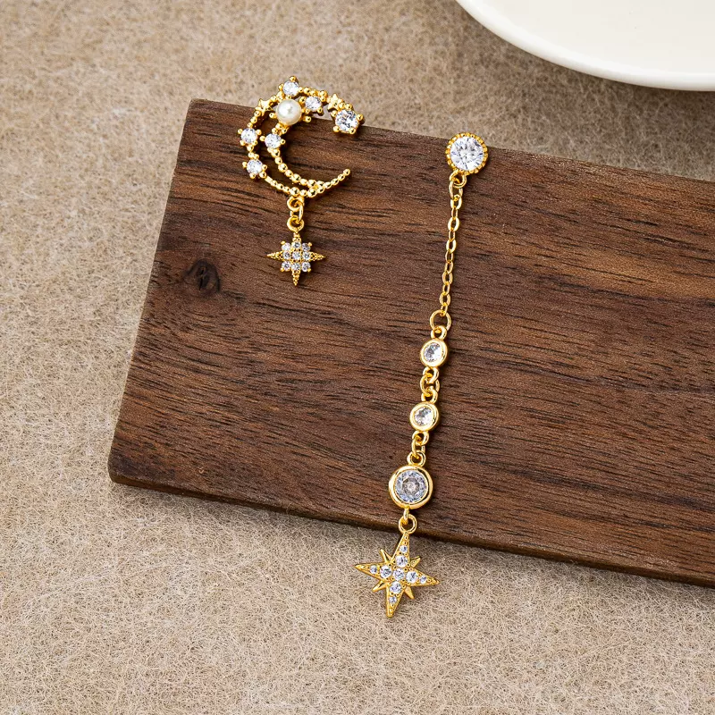 网红个性AB款耳坠时尚气质小众流苏满钻星星月亮耳钉耳饰跨境批发