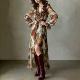 欧美2026亚马逊复古玫瑰印花荷叶边V领长袖收腰不规则雪纺连衣裙