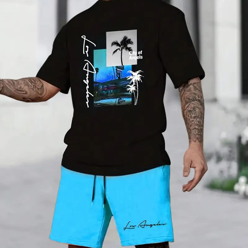 クロスボーダーホットスタイルヨーロッパとアメリカのファッションTシャツレタープリント夏のストリートルーズカジュアルショーツヒップホップスポーツスーツ|undefined