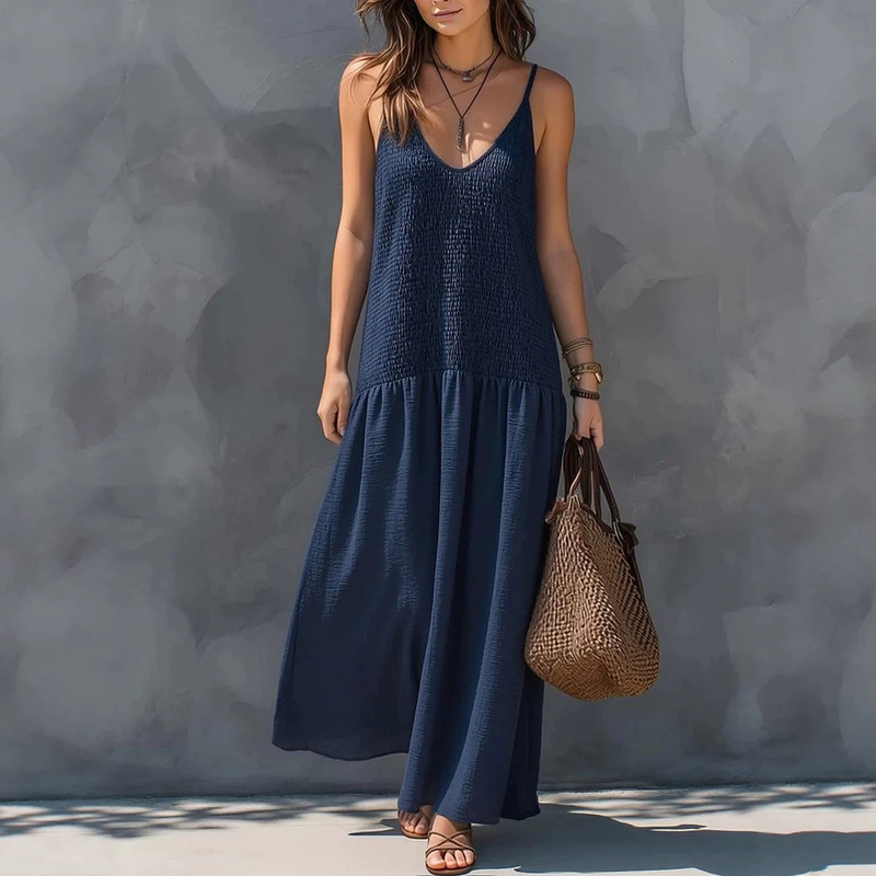 2026 European and American Cross-Border Retro Bohemian Style Backless Ruched Design Spaghetti Strap Long Vacation Dress