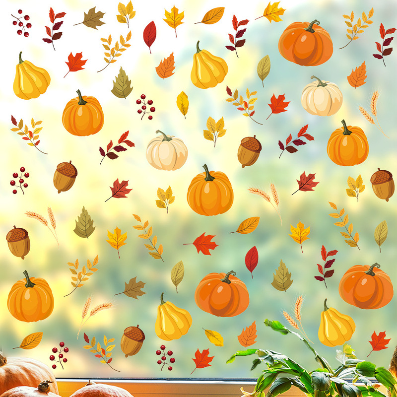 Amazon Autumn Thanksgiving Maple Leaf Window Stickers Window Party Scene Layout Wall Stickers Door and Window Stickers Pumpkin pvc