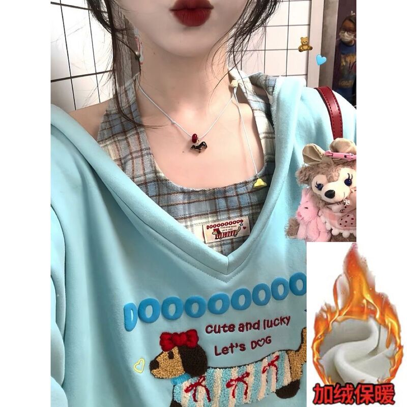日系学院风刺绣腊肠狗V领连帽卫衣格纹挂脖内搭两件套女春秋宽松|undefined