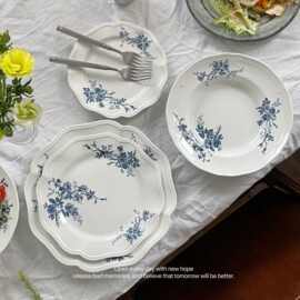法式 中古风蓝色青花陶瓷餐具 花边陶瓷餐盘 甜品盘 意面盘批发