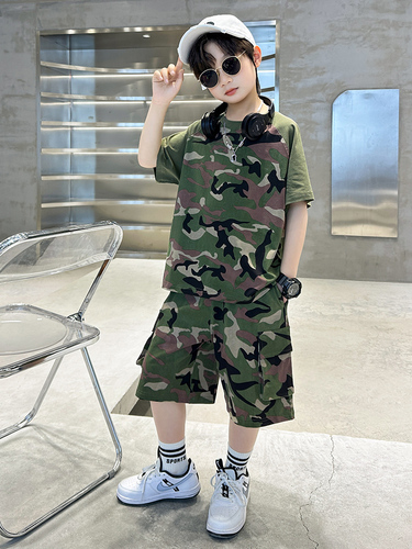 Boy's Summer Camouflage Outfit  New Children's Summer Short Sleeve Street Style Cool Trendy Medium/Large Youth Military Training Fashion