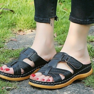 Cross-Border Women's Shoes 2024 Summer New Style One-Line Cut Out Fish Mouth Wedge Heel Velcro Sandals Women's Large Size Women's Shoes