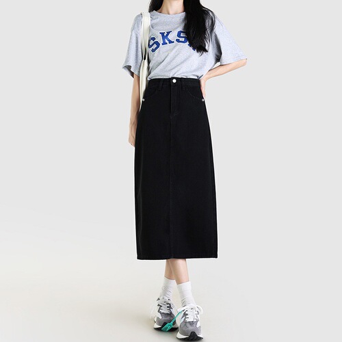 Korean high-waisted denim skirt for women, spring and autumn new style slimming split mid-long a-line bag hip denim skirt