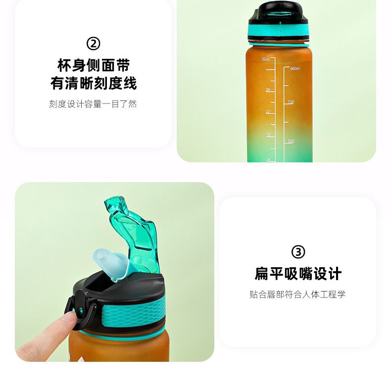 Botella de agua deportiva de plástico de gran capacidad de Amazon, con tapa de rebote, diseño degradado de color, portátil para exteriores, personalizable.