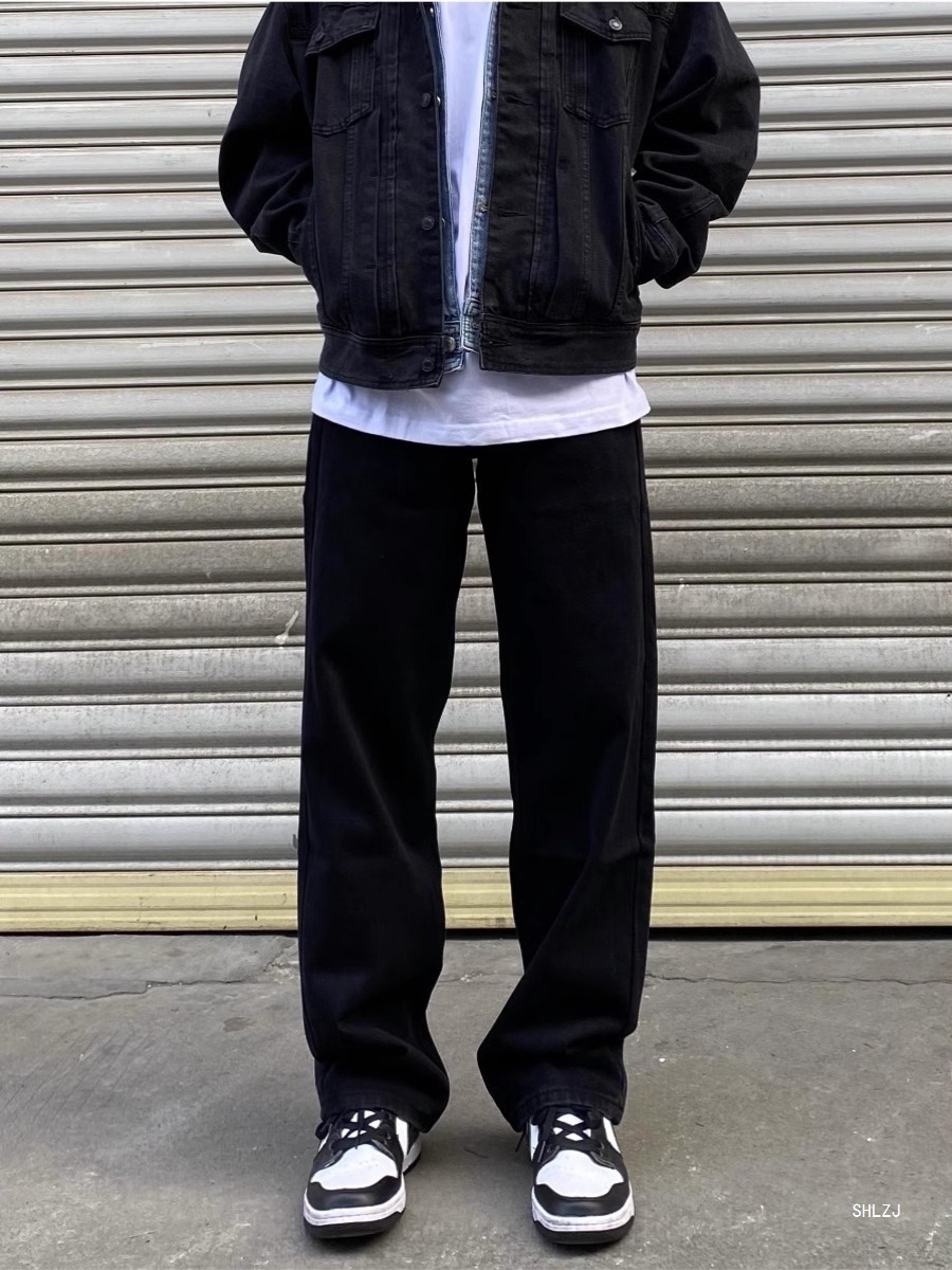 Men's High Street Loose Fit Black Jeans Versatile White Wide Leg Pants Retro Slimming Straight Leg Casual Long Trousers_mkmklike.com