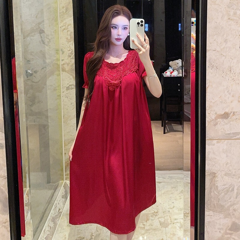 New Short-Sleeved Nightgown for Women, Palace-Style Sleepwear, Ice Silk Extended Long-Sleeved Nightgown, Plus-Size Lace Backless Dress