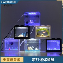 小型積木盒魚缸泰國斗魚帶燈魚盒小型桌面海藻生態造景創意小魚缸