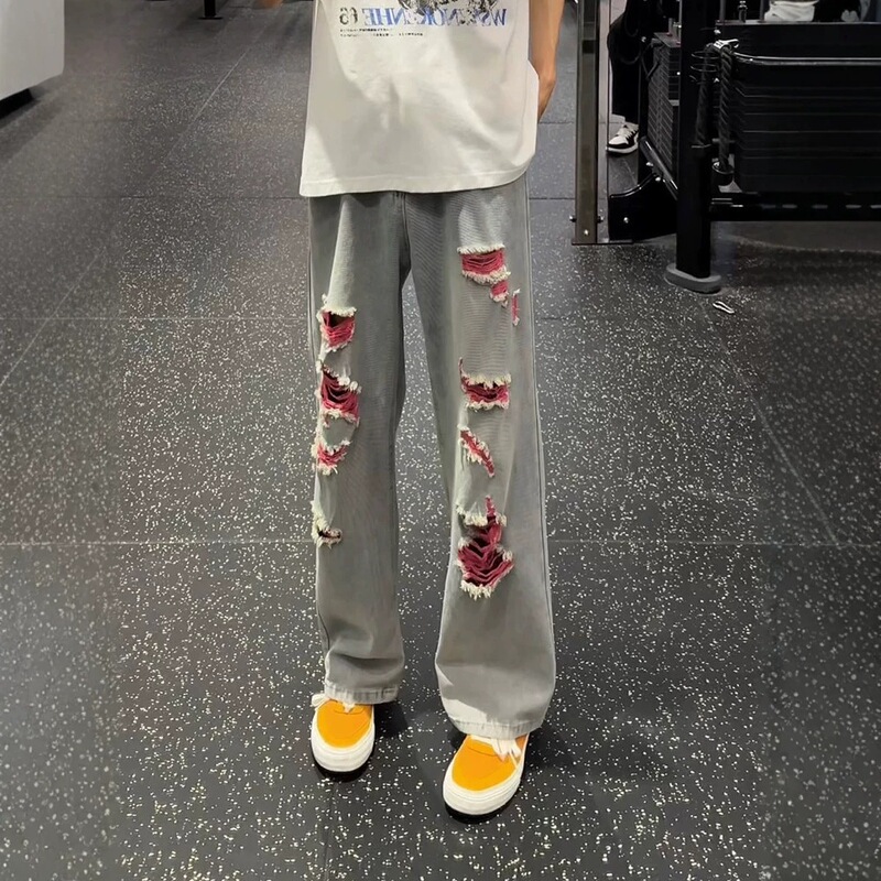 Gray Blue Ripped Jeans for Men, Summer American Retro Design, Straight Loose Fit, Slightly Flared Pants Gray Blue Ripped Jeans for Men, Summer American Retro Design, Straight Loose Fit, Slightly Flared Pants