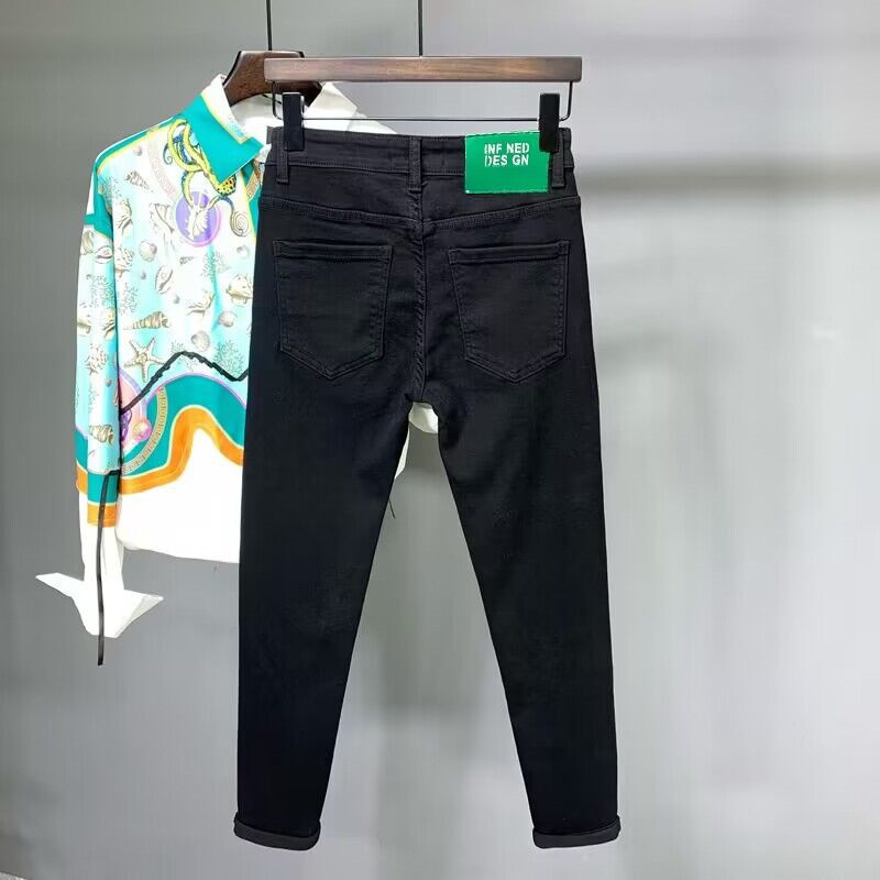 Jeans de lana simple para hombres verano nuevo estilo de moda moda para hombres elástico coreano casual delgado pies pequeños nueve pantalones