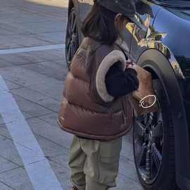 韩国童装男童女童羽绒马甲2022冬儿童拼接皮毛一体外套坎肩110-16
