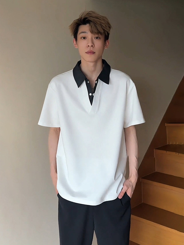 オールドマネースタイルスプライシング右肩半袖ポロシャツメンズハイエンドハンサムラペルTシャツアメリカンレトロヘビーウェイト半袖|undefined