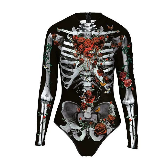 Европа и США трансграничные горячие продажи хэллоуин новый скелет цельный купальник ужасы cos пляжный досуг с длинными рукавами купальник женский