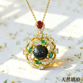 墨西哥净水蓝珀时来运转吊坠琥珀圆珠项链王妃单钻款毛衣链女