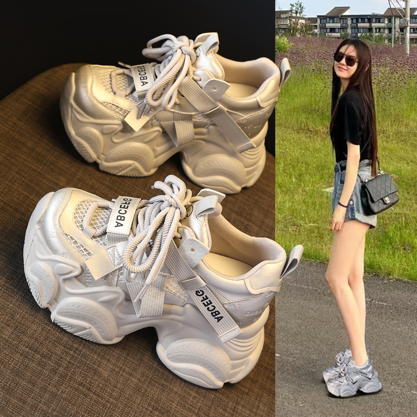 Giày sneaker nữ đế dày tăng chiều cao 10cm phong cách thể thao — màu trắng