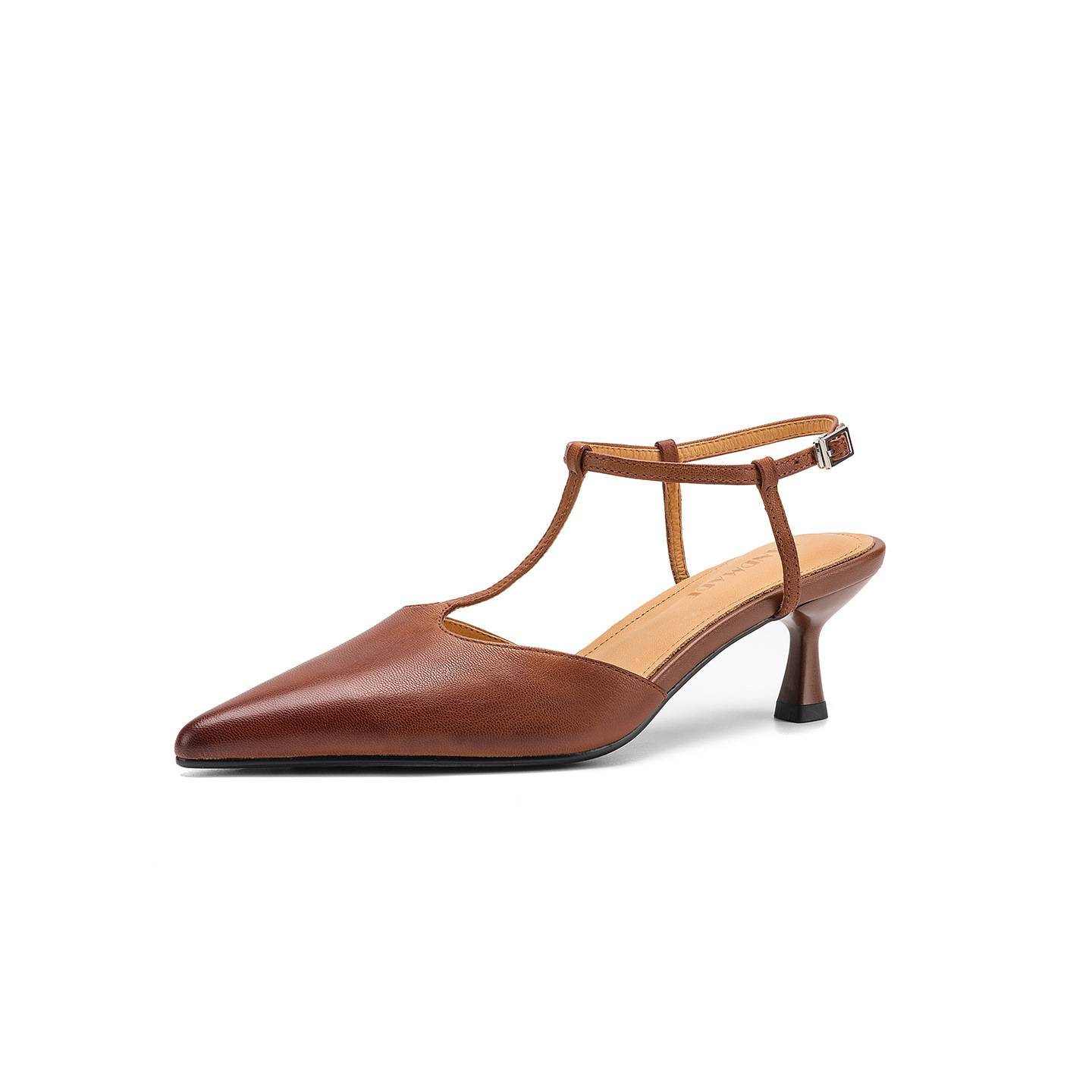 Sandal cao gót nữ mũi nhọn quai chữ T hở gót, da cừu, gót 5 cm — màu nâu chi tiết 35