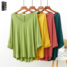 春夏季新款韩版大V领莫代尔宽松大码前短后长七分蝙蝠袖打底衫女