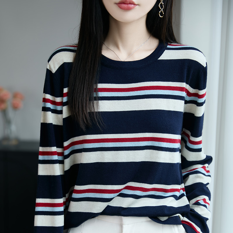 2025 Early Autumn New Worsted Wool Round Neck Knitwear Long-Sleeved Women's Color-Blocked Stripesd Loose Pullover Bottoming Shirt