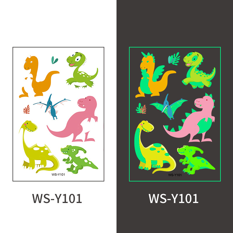 Pegatinas de tatuaje de dinosaurio luminoso Dibujos animados para niños Diversión Tyrannosaurus Rex Sudor impermeable Pegatinas de recompensa luminosas de color verde fluorescente temporal