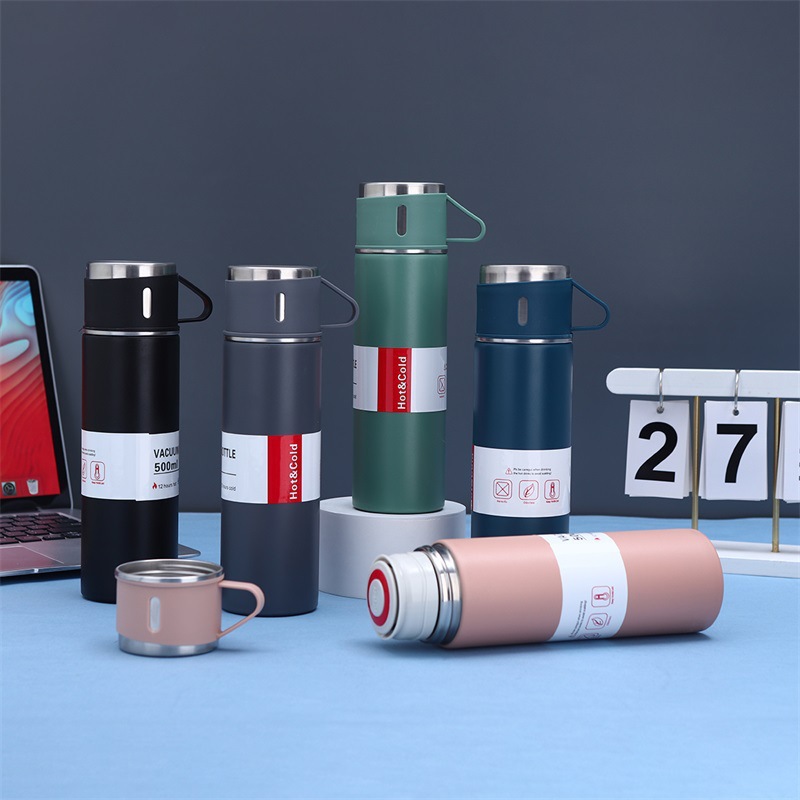 Juego de tazas de vacío de acero inoxidable 304 transfronterizo de gran capacidad, una taza, tres cubiertas, tapa de mano, taza recta, juego de regalo