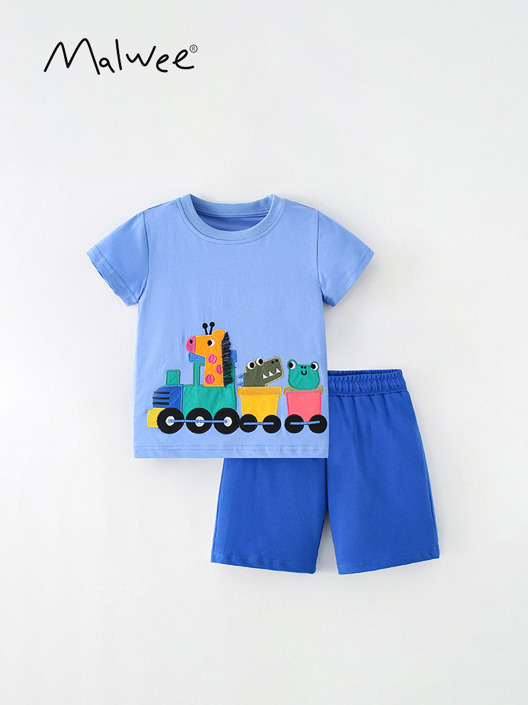 Malwee ropa para niños de verano nuevo estilo europeo y americano para niños de mediana edad casual cuello redondo pantalones de cintura elásticos para niños dos piezas set