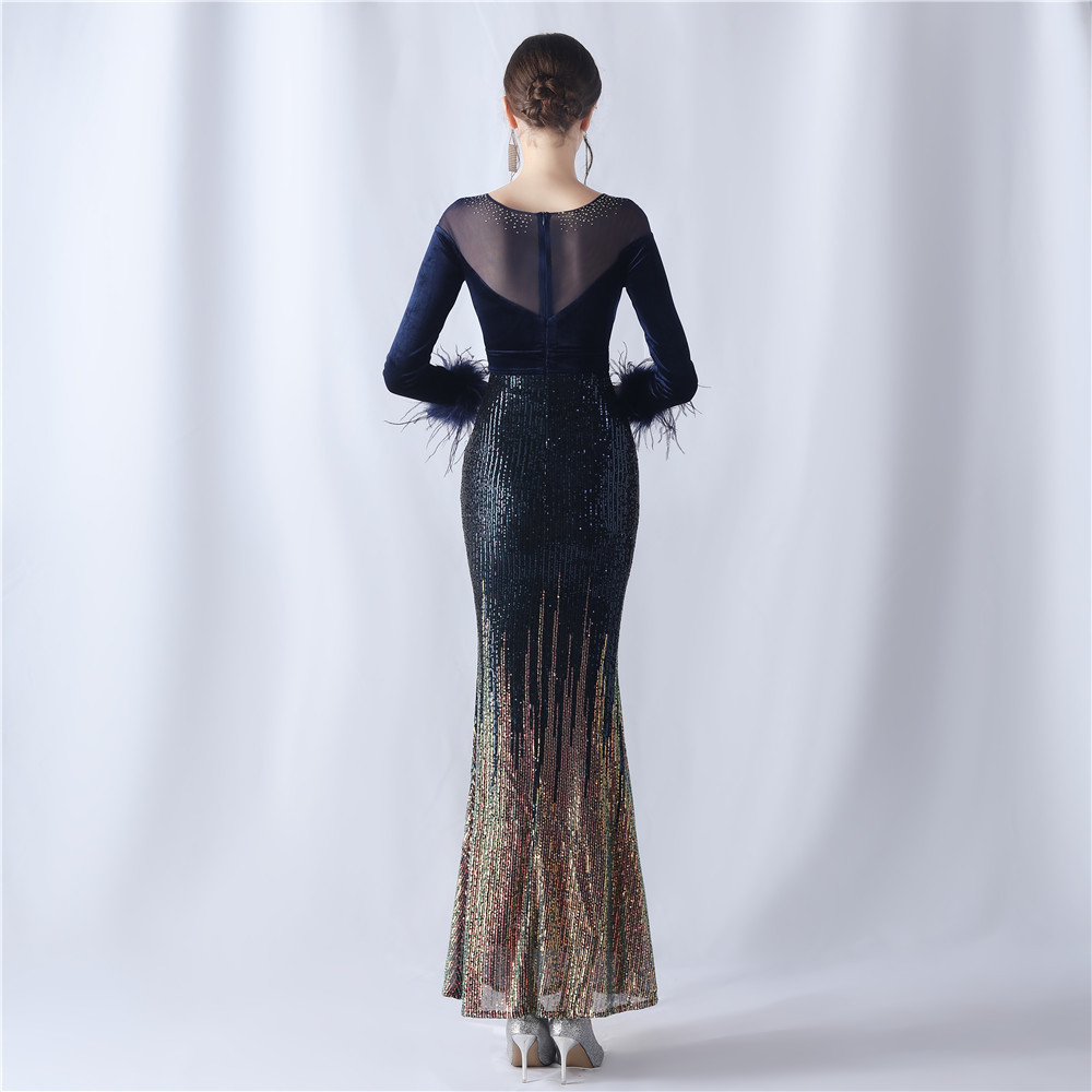 Women's gradient beaded diamond velvet high-end evening dress_voghion.com