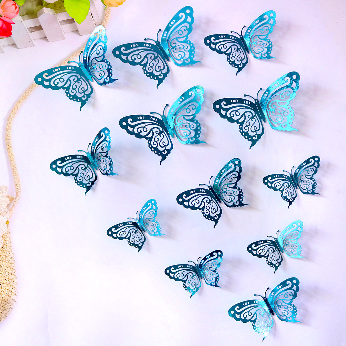 Fronteriza primavera mariposa fiesta decoración 3D pegatinas de mariposa cumpleaños de niños boda diseño pegatinas de pared al por mayor