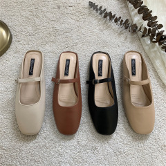 平底鞋單鞋女鞋2024春夏新款百搭平底鞋外穿半拖棕色豆豆鞋穆勒鞋