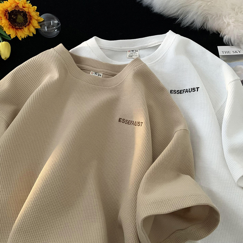 Waffle Short-Sleeve T-Shirt for Men, Summer New Trendy Brand Loose Casual Half-Sleeve Top, Five-Quarter Sleeve T-Shirt, Cross-Border Waffle Short-Sleeve T-Shirt for Men, Summer New Trendy Brand Loose Casual Half-Sleeve Top, Five-Quarter Sleeve T-Shirt, Cross-Border