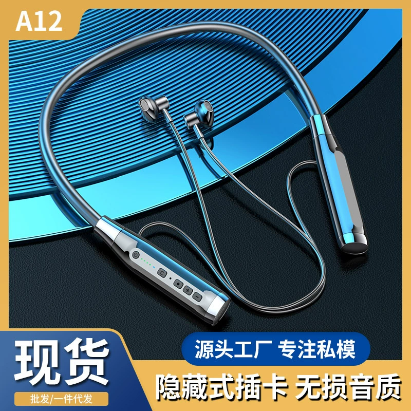 A12 Bluetooth Headset Hanging Neck Type Ultra-Long Standby Semi-In-Ear Wireless Sports Plug-In Card Cross-Border New Private Model