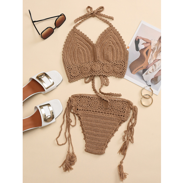 New Crochet Knitted Straps Sexy Hollow Beach Bikini Swimsuit Suit display picture 4