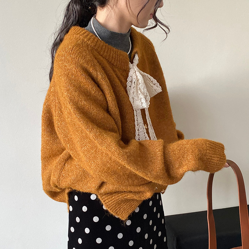 韩系系带蕾丝蝴蝶结圆领毛衣外套女装秋冬宽松爱心金扣子针织开衫|undefined