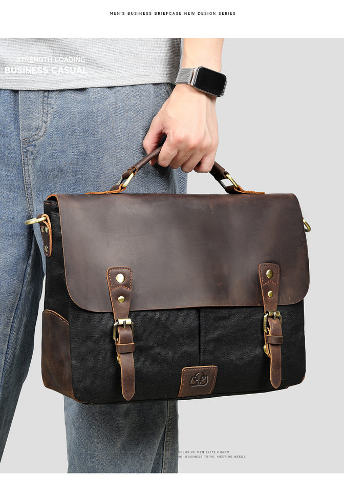 Cặp da thật vải canvas sáp dầu phối da ngựa điên, túi đựng laptop 14 inch đeo vai nam, túi đi làm kiểu Cambridge đơn giản — Màu nâu nhạt, Màu xám, Màu đen chi tiết 11