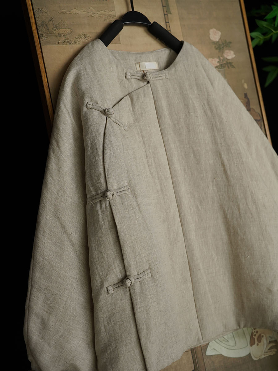 2024冬の新型復古風純色亜麻丸襟斜襟手回しボタン側開綿服351x