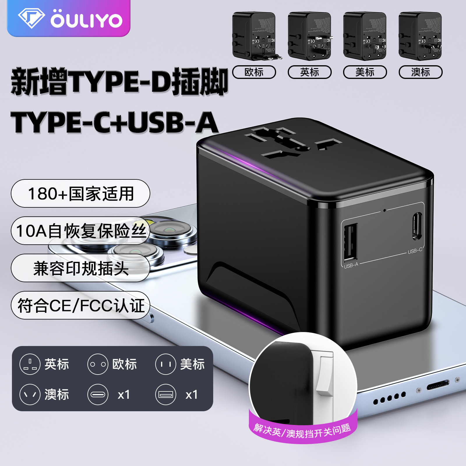 多功能Type-D转换插座1A1C转换头通用旅行欧英印美规氮化镓转换插