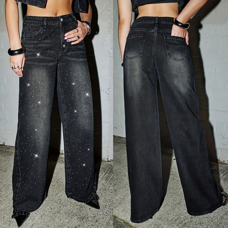 Women's Clothing Wide Leg Jeans Stretch Denim Rhinestone Hot Stamping Full Washed Spring/Autumn Fashion_voghion.com