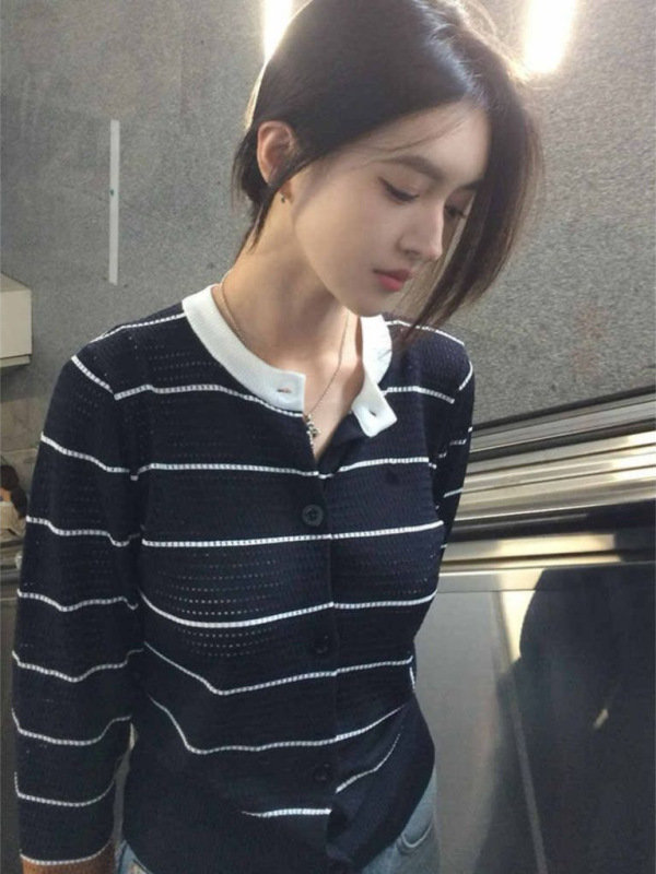 撞色条纹镂空长袖针织开衫女装早秋薄款韩系复古收腰显瘦通勤上衣|undefined