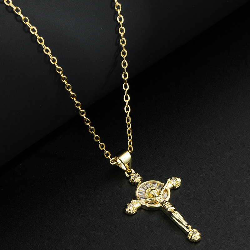 Fashion Cross Jesus Religious Gold-Plated Copper Pendant Inlaid Zircon necklace