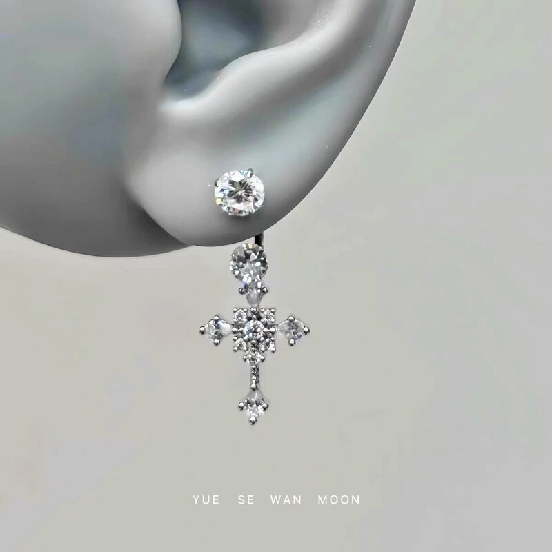 Cross-Shaped Sparkling Horseshoe Ring Earrings F136 Titanium Alloy Inner Spiral Japanese and Korean Exquisite Versatile Ear Bone Studs